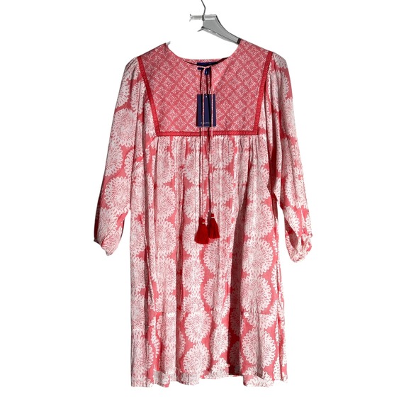 Ro's Garden Dresses & Skirts - Ro's Garden Floral Pullover Tassel Bohemian Midi Dress Balloon Sleeve Small Pink